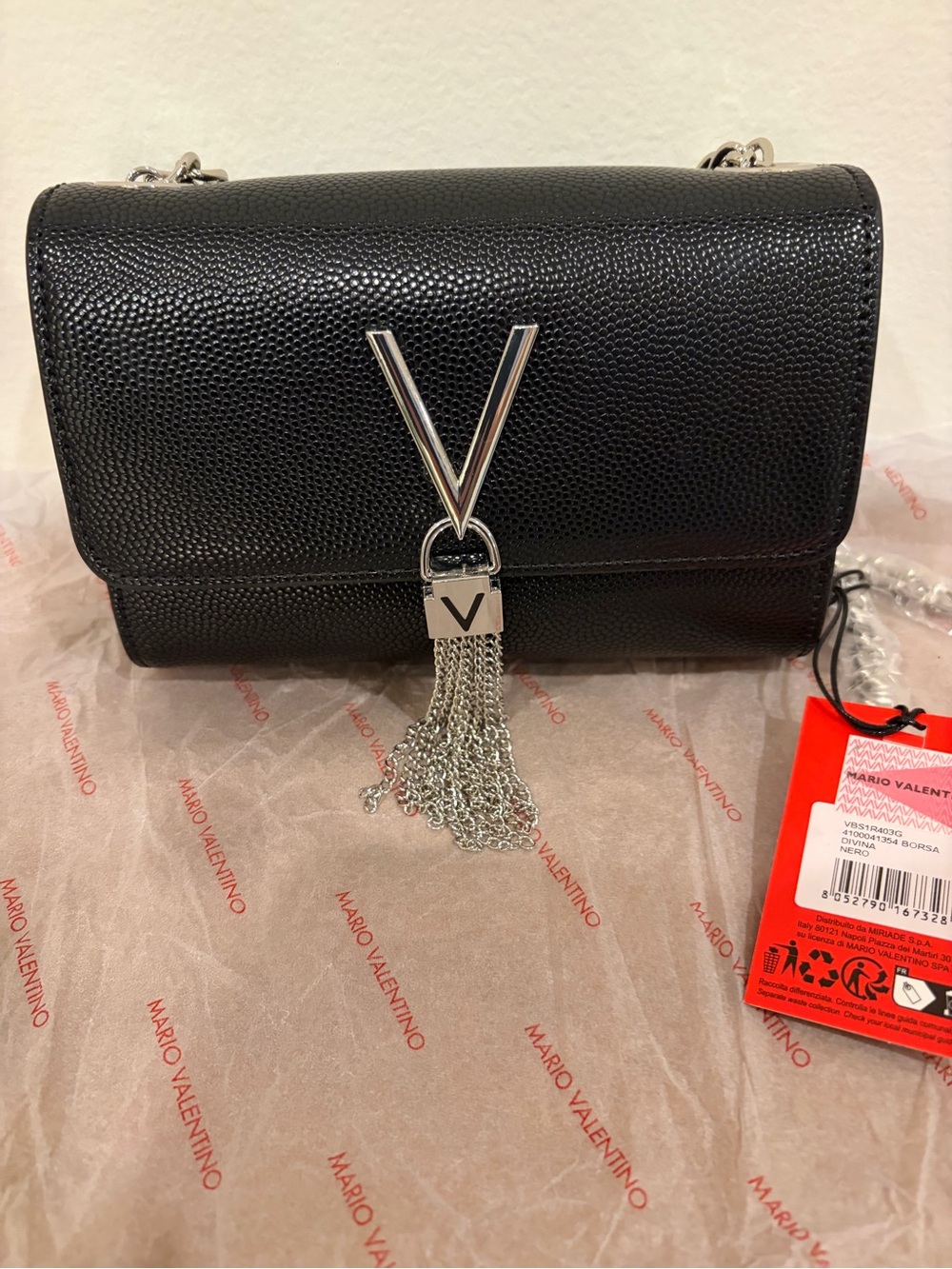New . Mario Valentino Black Textured Leather Crossbody with V Tassel.